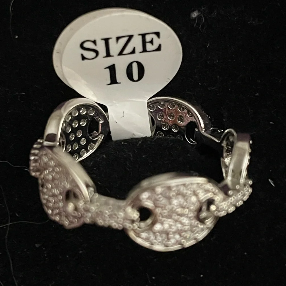 NWT White Gold Plated Silver Cuban Link CZ Bling Ring Size 10